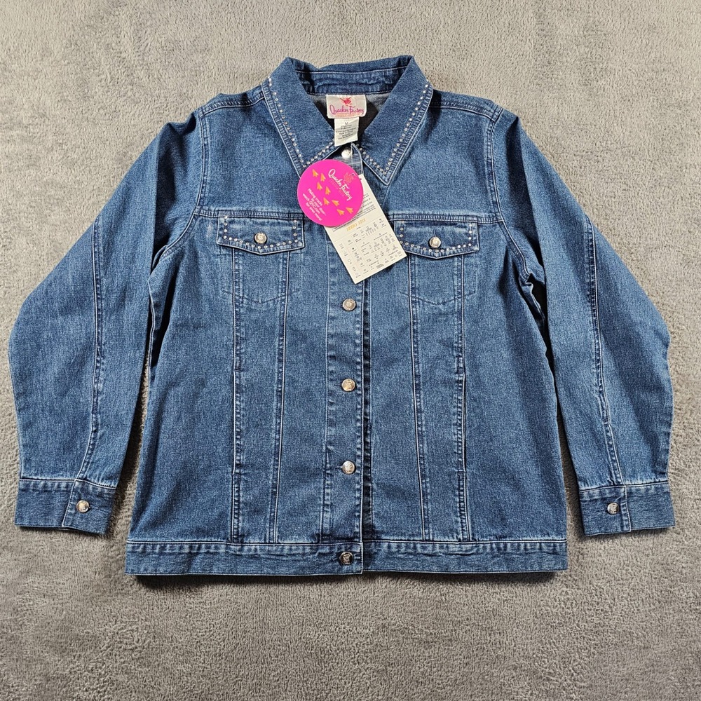 Quacker Factory Jeanne Bice Denim Jacket Blue Rhinestone Angel Wings Star M NEW